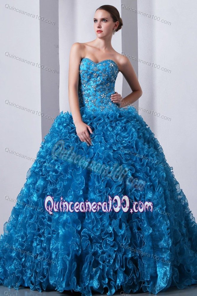 Fast Shipping Rhinestones Ruffled Blue Quinceanera Gown Dress