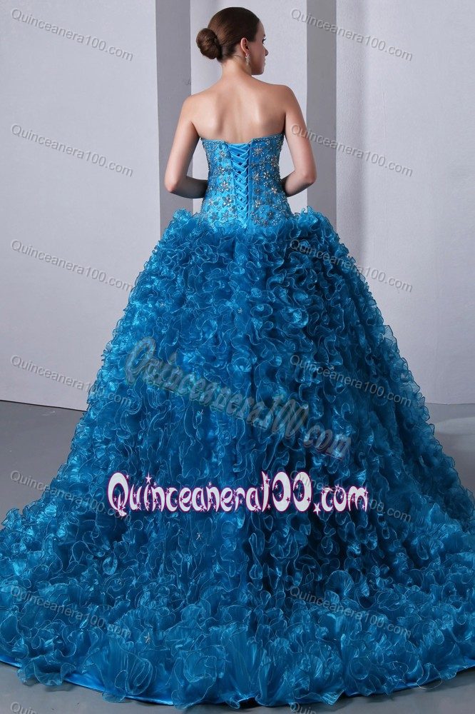 Fast Shipping Rhinestones Ruffled Blue Quinceanera Gown Dress