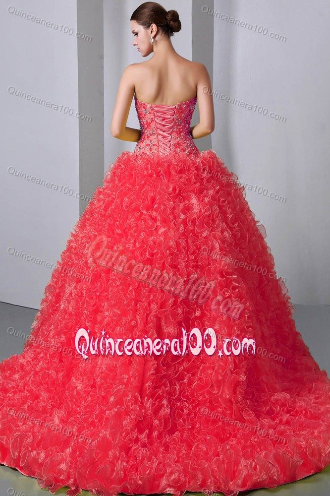 Brush Train Beaded Watermelon Quinceanera Dress with Ruffles