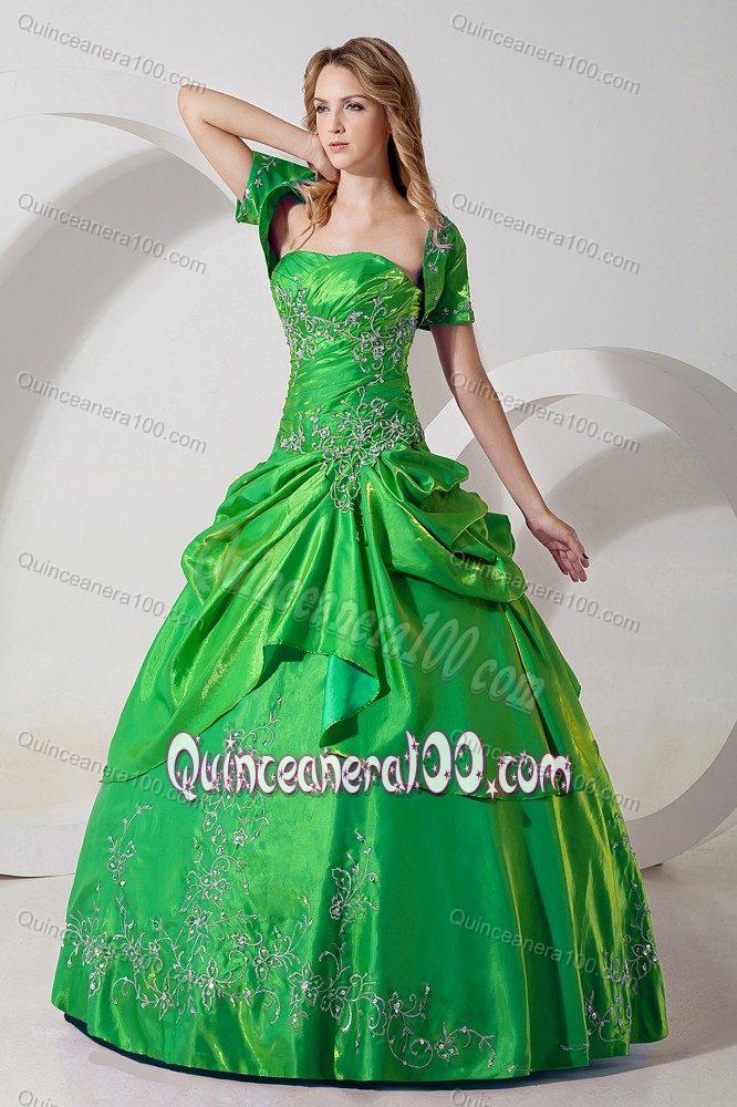 Spring Green Ball Gown Strapless Dress Of 15 with Embroidery