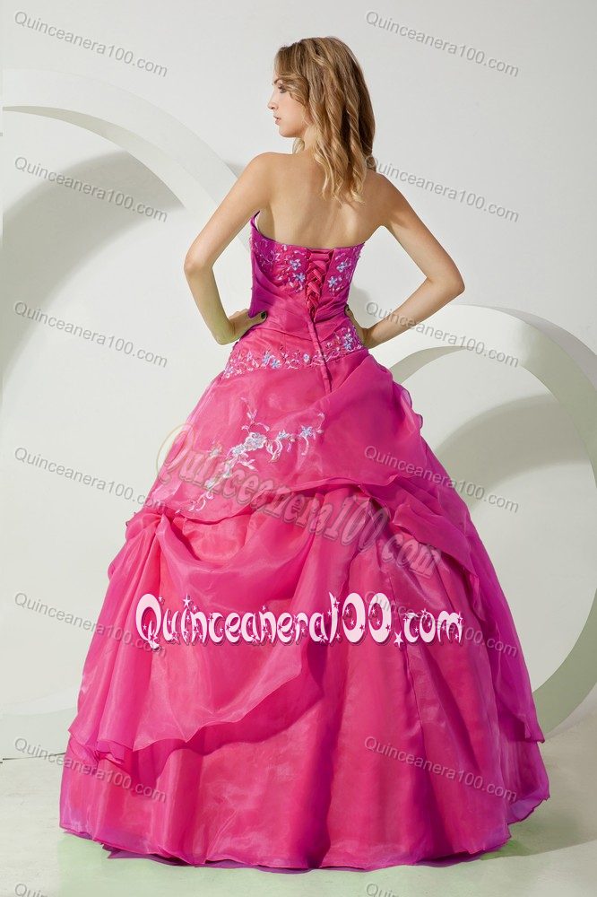 Pretty Hot Pink Strapless Dress for Sweet 15 with Embroidery