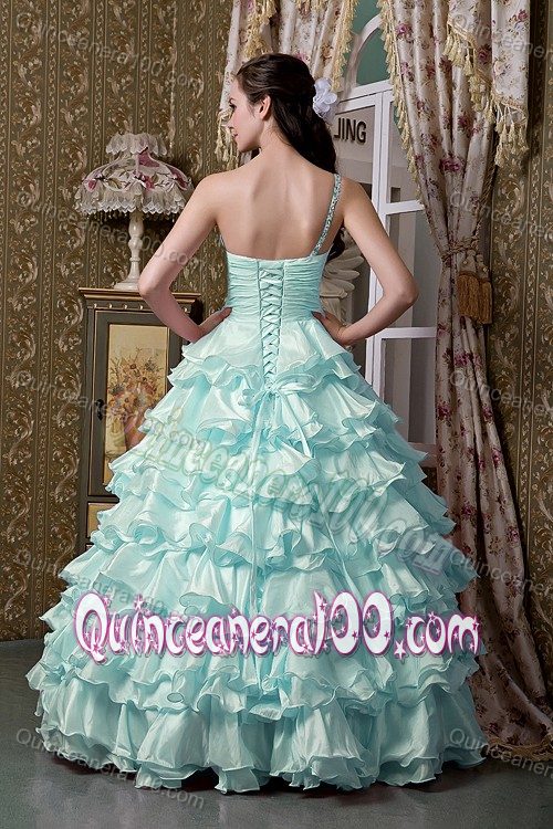 Light Blue One Shoulder Quinceanera Dresses with Ruffled Layers