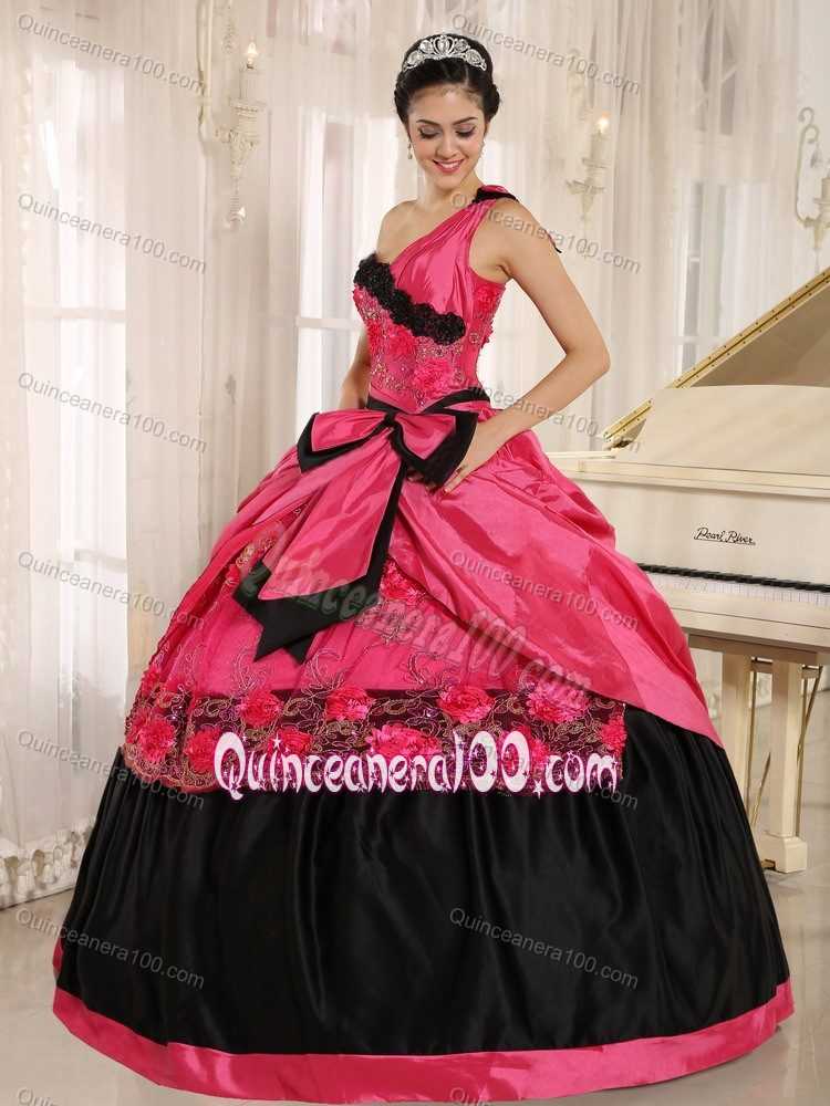 Coral Red and Black One Shoulder Appliqued Quinces Dresses