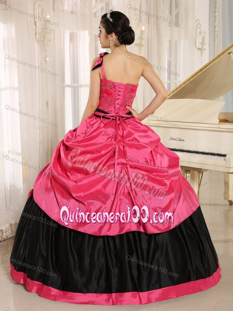 Coral Red and Black One Shoulder Appliqued Quinces Dresses