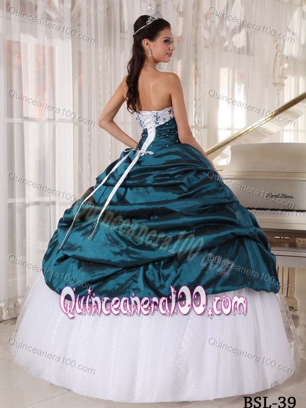 White and Teal Sweet Sixteen Quinceanera Dress with Embroidery