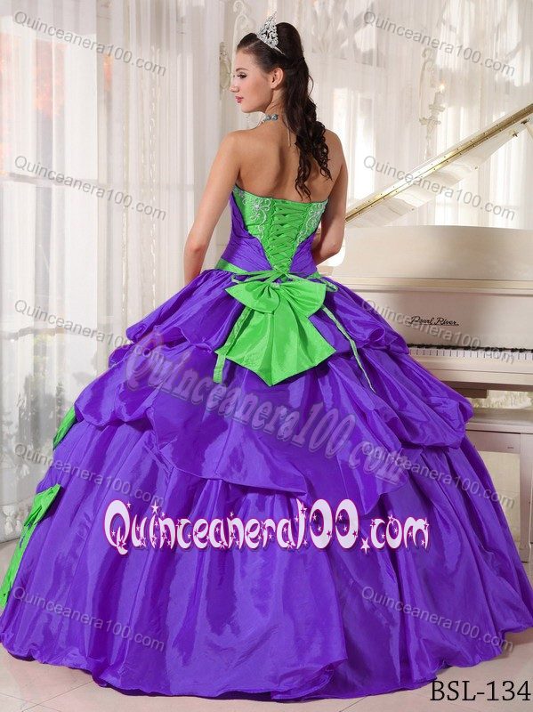 Appliqued Purple and Spring Green Dress for Quince with Bow