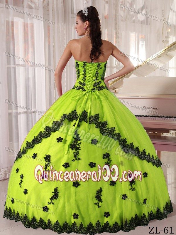 Yellow Green Quinceanera Party Dress with Black Appliques