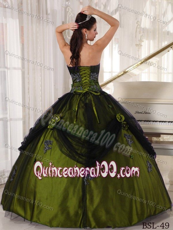 Olive Green Quinceanera Gown Dress with Appliques and Flowers