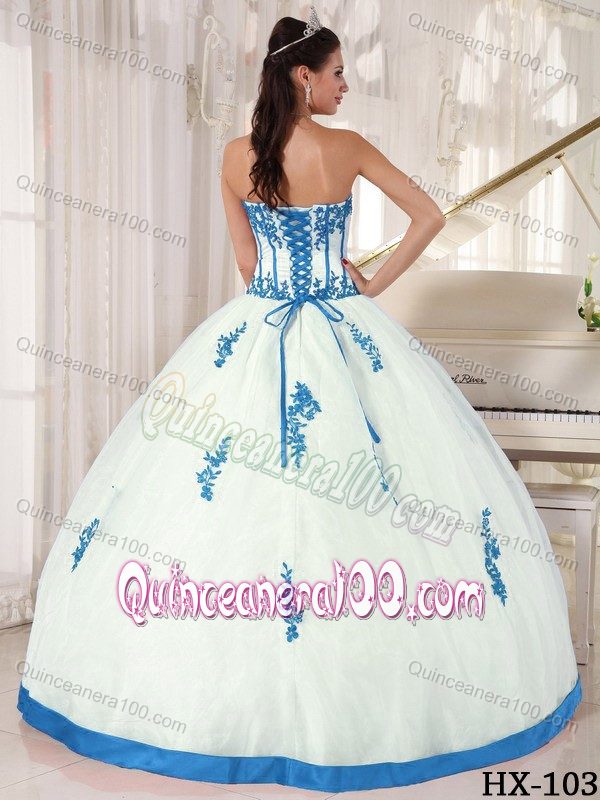 White Ball Gown Sweet 15 Birthday Dress with Blue Appliques