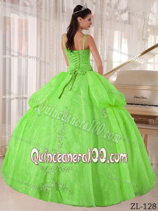 Spaghetti Straps Appliqued Spring Green Dress for Sweet 15