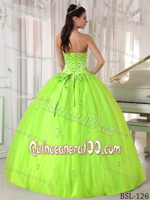 Hot Sale Strapless Appliqued Yellow Green Dress for Sweet 16