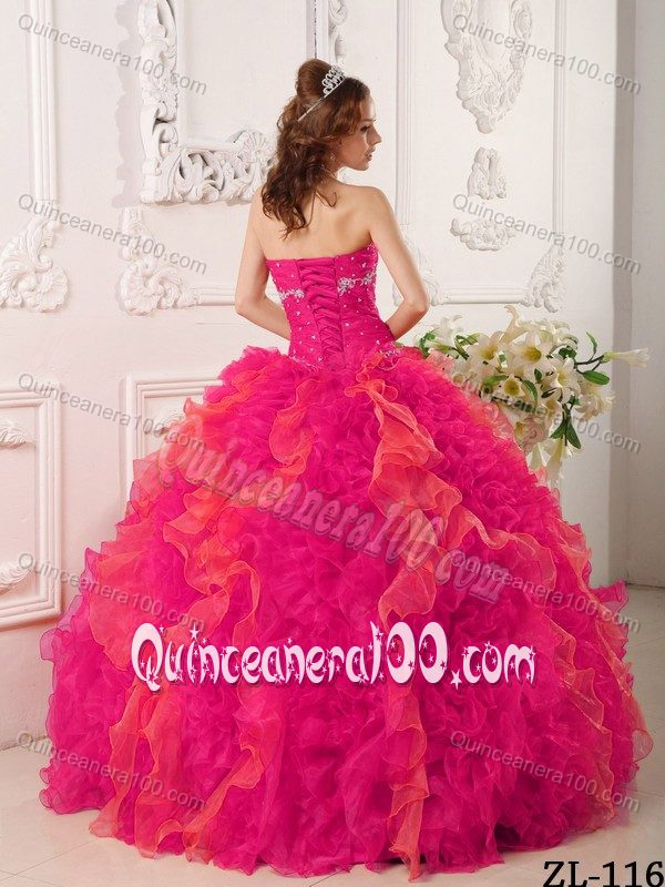 Best Seller Hot Pink Beaded Ruffled Dress for Sweet 15