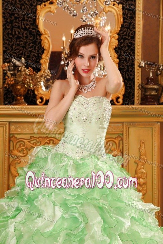 Inexpensive Beaded Ruffled Apple Green Top Quinceanera Dress