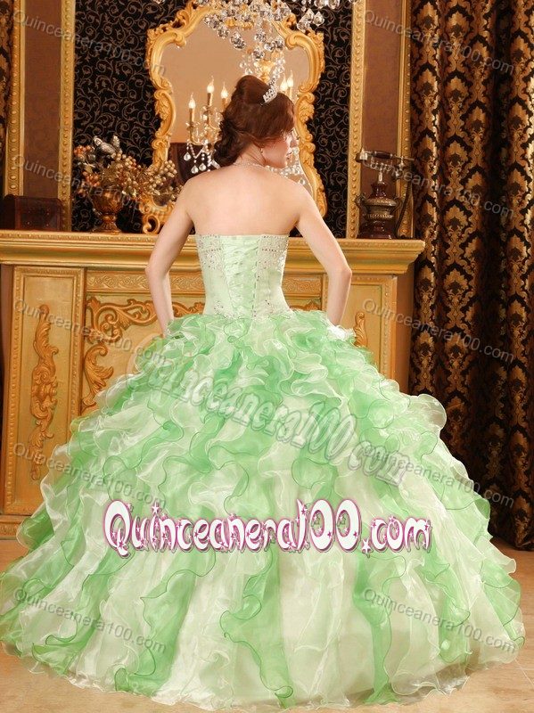 Inexpensive Beaded Ruffled Apple Green Top Quinceanera Dress