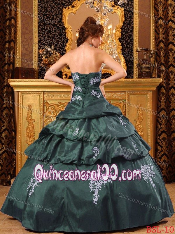 Dark Green Dress for Sweet 15 with White Appliques On Sale