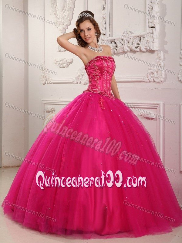 Dreamy Tulle Ball Gown Beaded Hot Pink Dress for a Quince