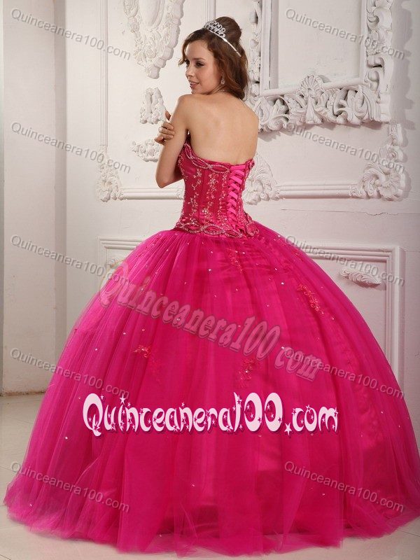 Dreamy Tulle Ball Gown Beaded Hot Pink Dress for a Quince