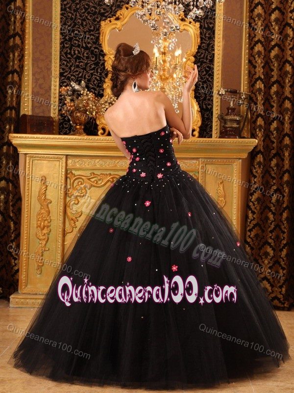 Graceful Tulle Black Quinceanera Party Dress with Red Appliques