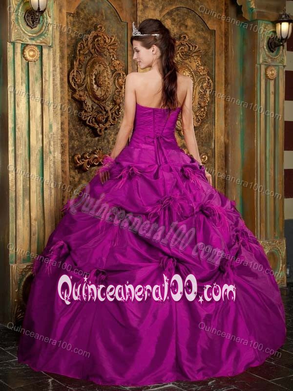 Feather Decorate Beaded Dress for Quince with Pick-ups in Fuchsia