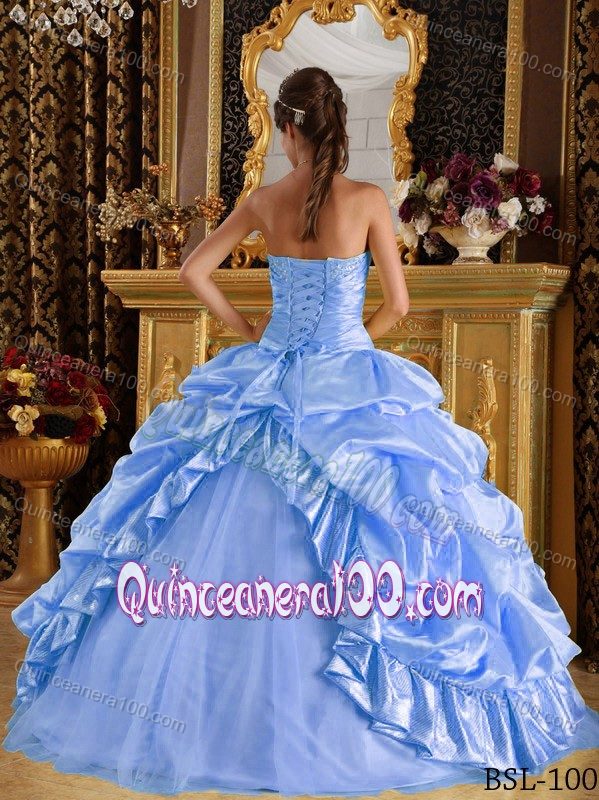 Latest Strapless Appliques Quince Dress with Pick-ups in Baby Blue