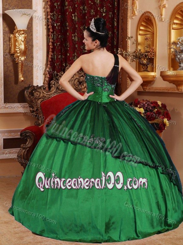 Fashionable Green One Shoulder Quinceanera Gowns with Appliques