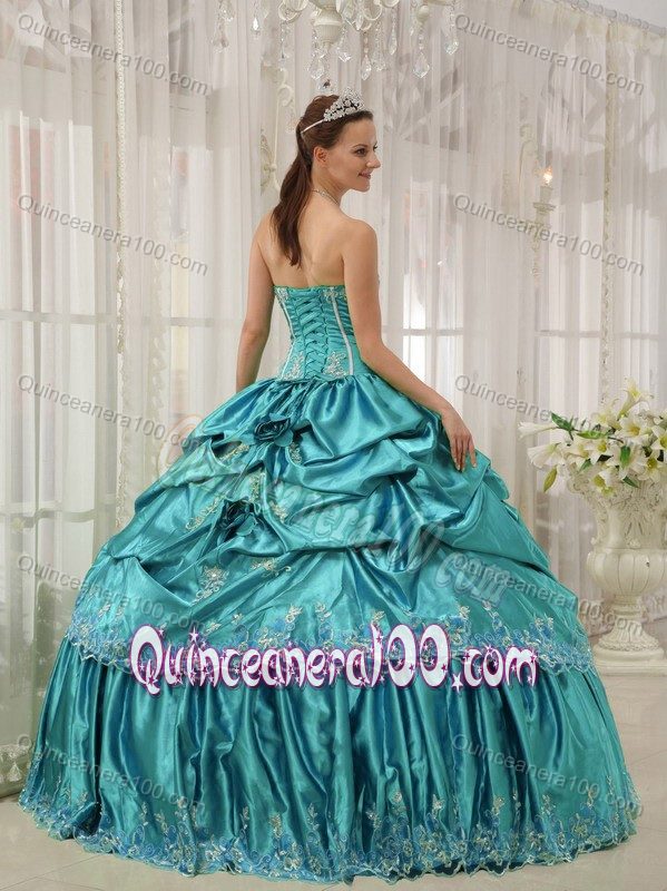 Custom Made Pick-ups Dresses Quinceanera with Appliques in Teal