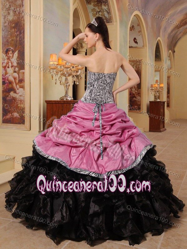 Zebra Print Pick-ups and Ruffles Quinces Dresses in Pink and Black