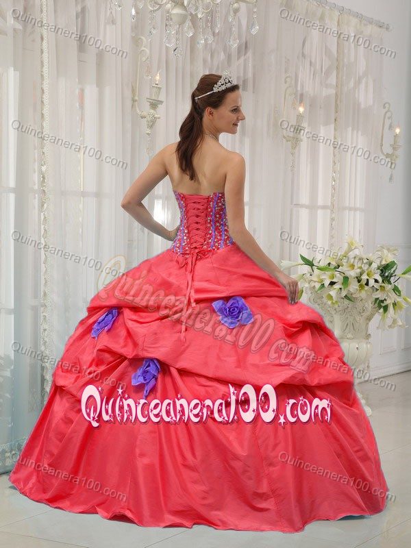 Red Ball Gown Beading Quinceanera Dress with Hand Made Flowers