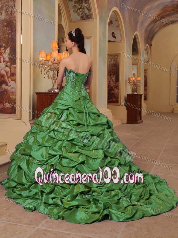 Beading Green Pick-ups Sweet 15 Dresses with Hand Made Flowers