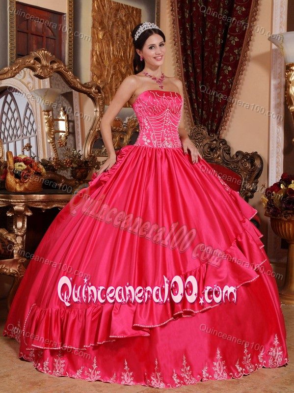 Coral Red Strapless Quinces Dresses with Embroidery and Pick-ups