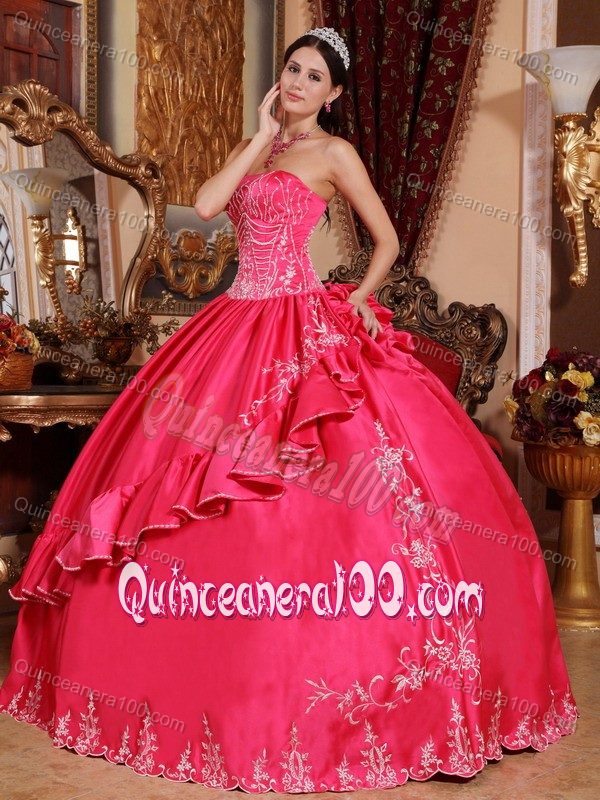 Coral Red Strapless Quinces Dresses with Embroidery and Pick-ups