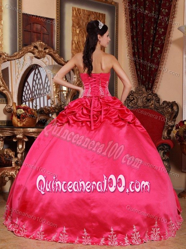 Coral Red Strapless Quinces Dresses with Embroidery and Pick-ups