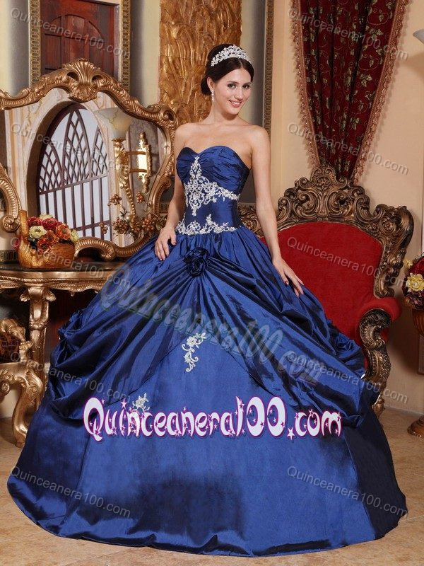 Appliques Navy Blue Sweet Sixteen Dresses with Hand Made Flowers