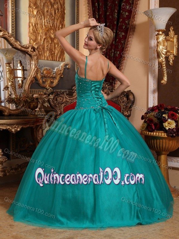 Teal Tulle Beaded Dress for a Quince with Spaghetti Straps in Vogue