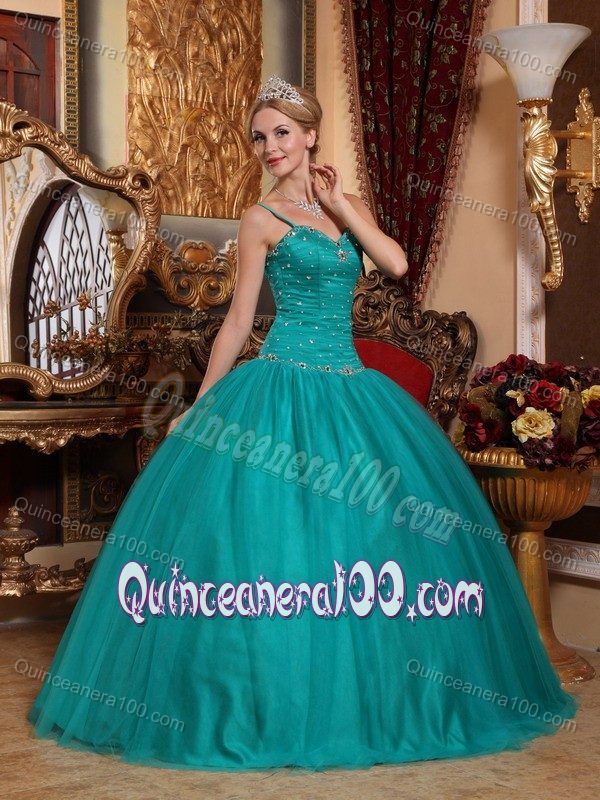 Teal Tulle Beaded Dress for a Quince with Spaghetti Straps in Vogue