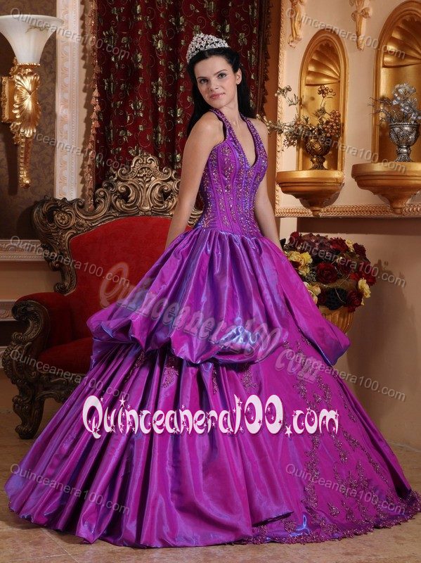 Gorgeous Purple Halter Top Appliques Quinceanera Dress in Taffeta