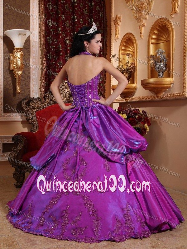 Gorgeous Purple Halter Top Appliques Quinceanera Dress in Taffeta