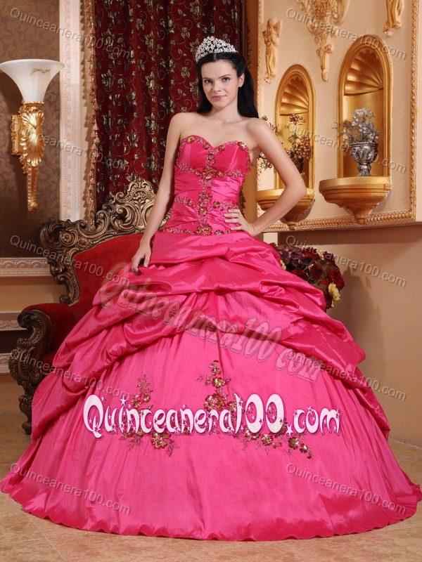 Latest Hot Pink Dress for a Quinceanera with Appliques and Pick-ups