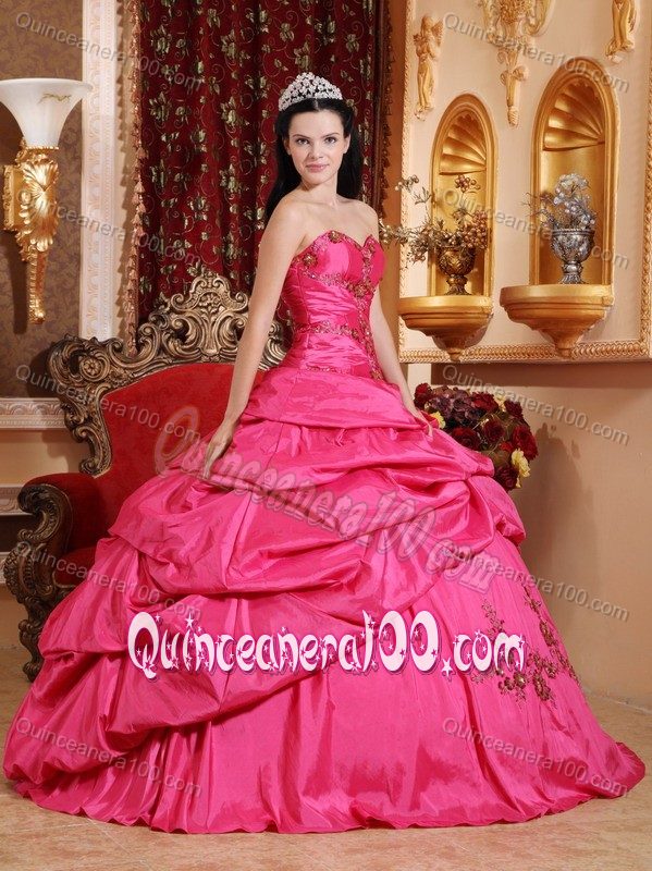 Latest Hot Pink Dress for a Quinceanera with Appliques and Pick-ups