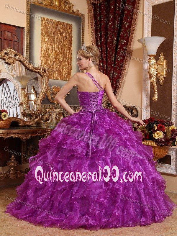 Classic One Shoulder Ruffles Purple Sweet 16 Dresses with Beading