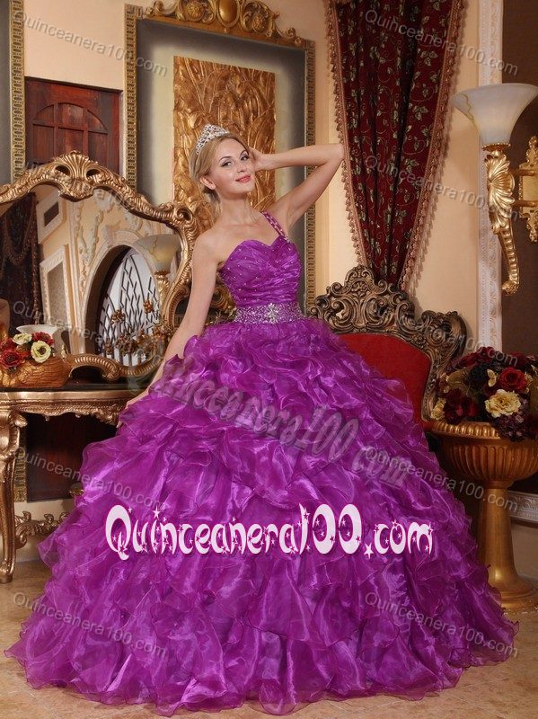 Classic One Shoulder Ruffles Purple Sweet 16 Dresses with Beading