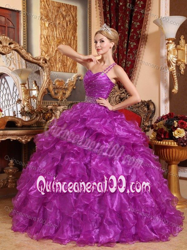 Classic One Shoulder Ruffles Purple Sweet 16 Dresses with Beading