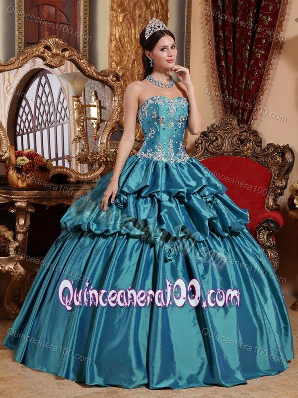 Teal Hand Made Flowers Quinceanera Party Dresses with Appliques