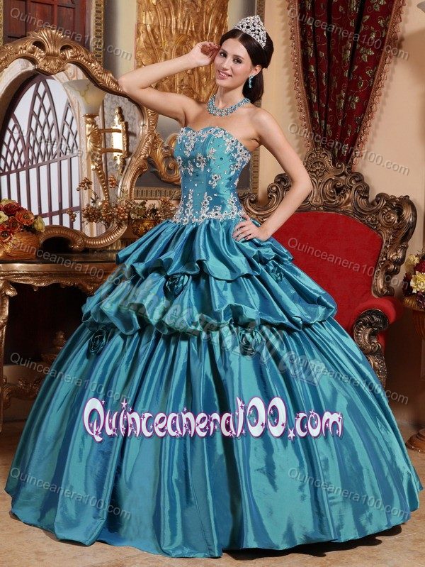 Teal Hand Made Flowers Quinceanera Party Dresses with Appliques