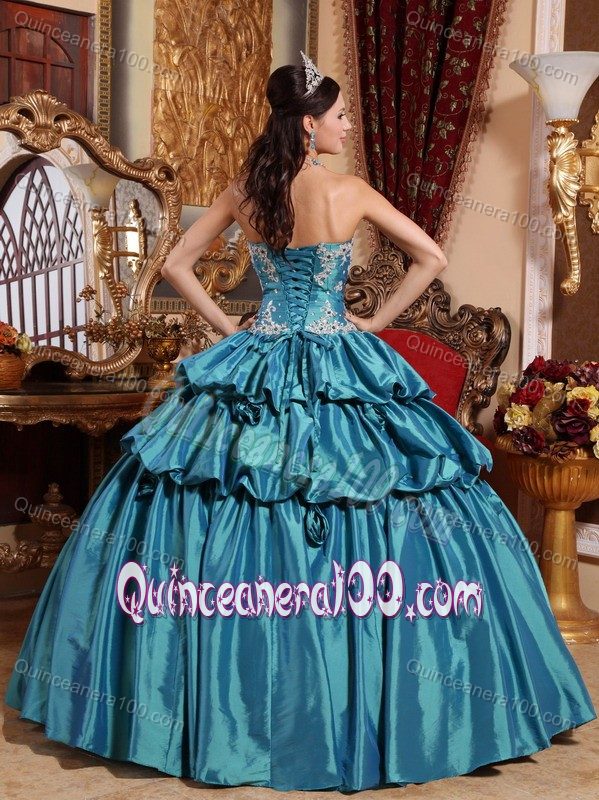 Teal Hand Made Flowers Quinceanera Party Dresses with Appliques