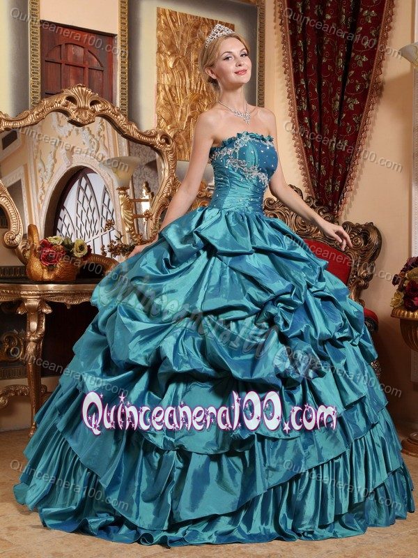 Trendy Strapless Teal Quinceanera Dress with Beading and Pick-ups