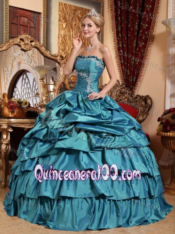 Trendy Strapless Teal Quinceanera Dress with Beading and Pick-ups