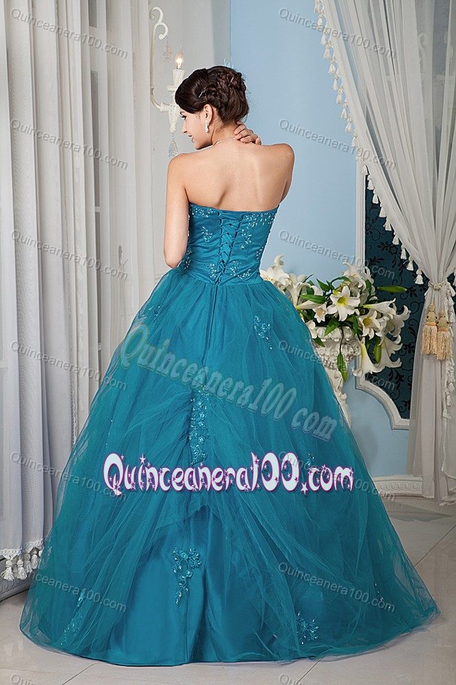 Custom Made Teal Strapless Tulle Sweet 15 Dresses with Appliques