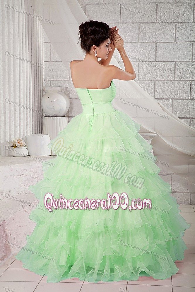 Multi-tiered Apple Green Sweetheart Quince Gown with Ruffles