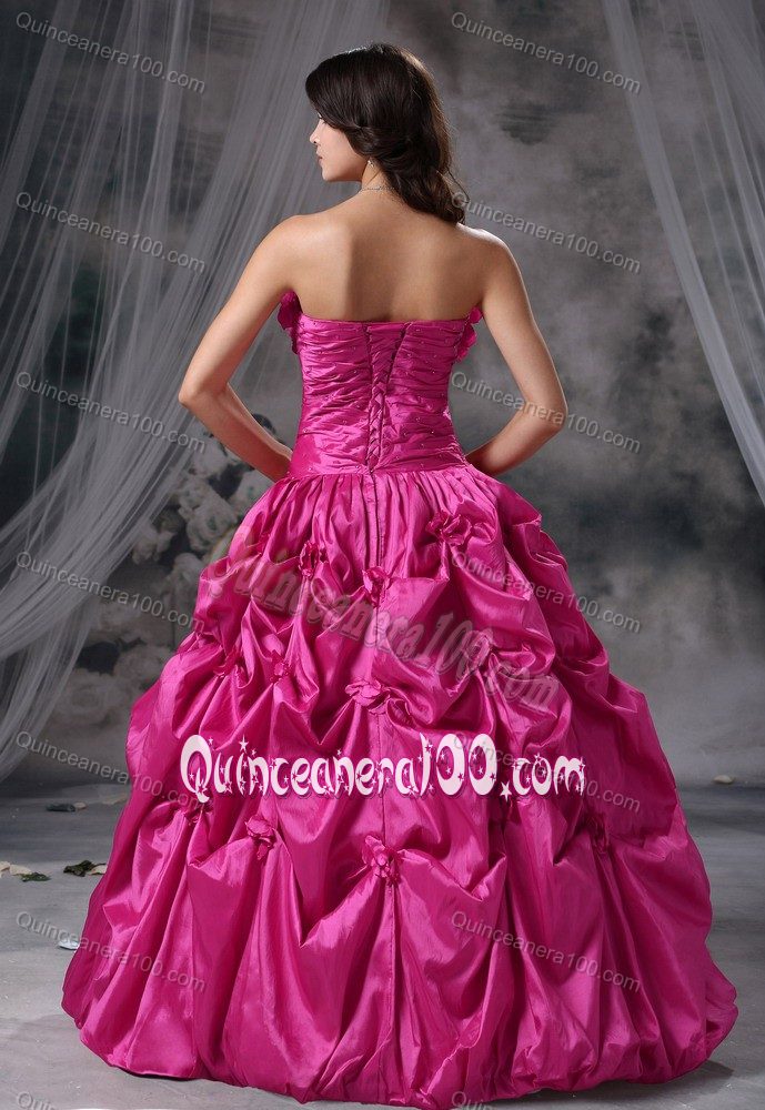 Hot Pink Floral Ruched Bodice Quinceanera Gown with Pick-ups